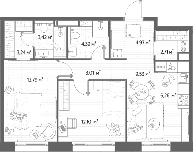 Планировка: Евротрёшка 62,4 м² в ЖК «МЫС»