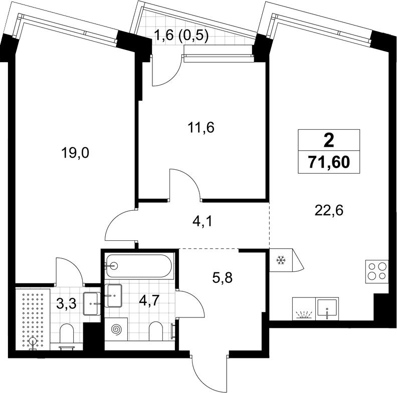 Планировка: Евротрёшка 71,1 м² в ЖК «Хольм»