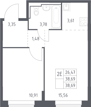 Планировка: Евродвушка 38,7 м² в ЖК «Богдановский лес»