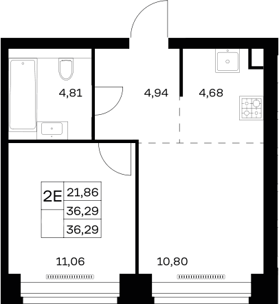 Планировка: Евродвушка 36,3 м² в ЖК «НОВА»