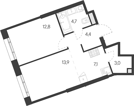Планировка: Евродвушка 45,9 м² в ЖК «Родина Переделкино»