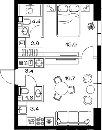 Планировка: Евродвушка 51 м² в ЖК «SHIFT»