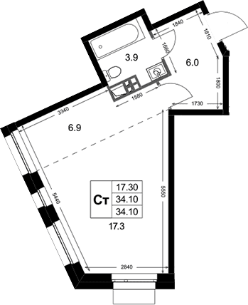 Планировка: Студия 34,1 м² в ЖК «Кореневский Форт 2.3»