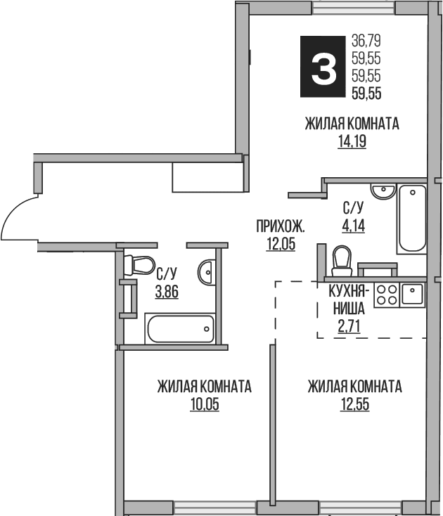 Планировка: Евротрёшка 59,6 м² в ЖК «Гранель Аникеевский»
