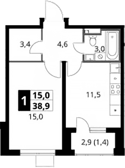 Планировка: 1-комнатная квартира 37,5 м² в ЖК «1-й Донской»