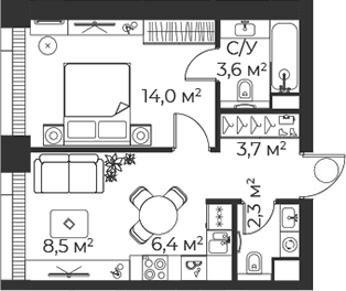 Планировка: Евродвушка 38,5 м² в ЖК «Веер»