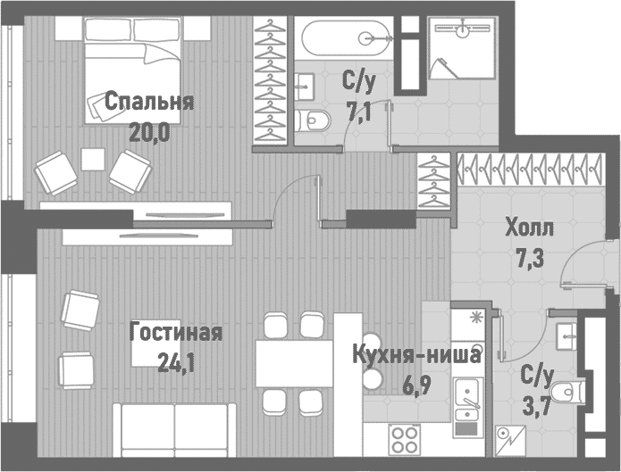 Планировка: Евродвушка 69,1 м² в ЖК «Ренессанс»