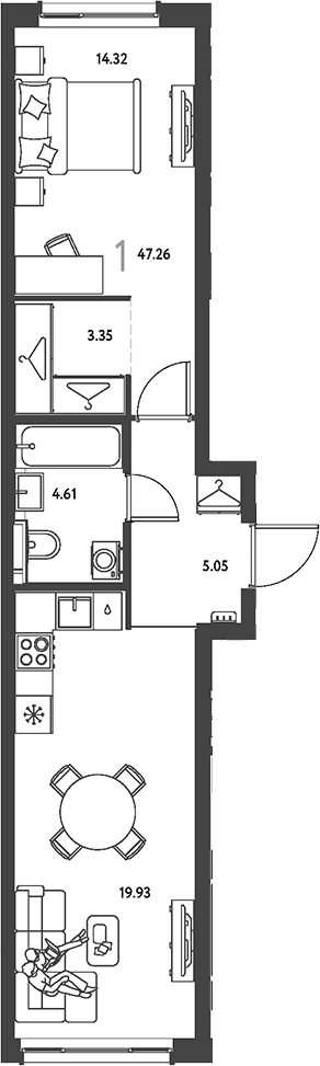 Планировка: 1-комнатная квартира 47,3 м² в ЖК «Страна.Парковая»