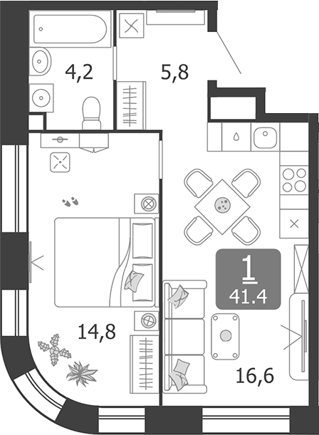 Планировка: Евродвушка 41,4 м² в ЖК «Шагал»