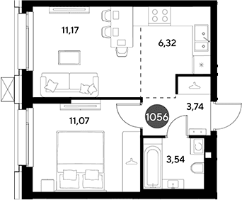 Планировка: Евродвушка 35,8 м² в ЖК «ЭВО»