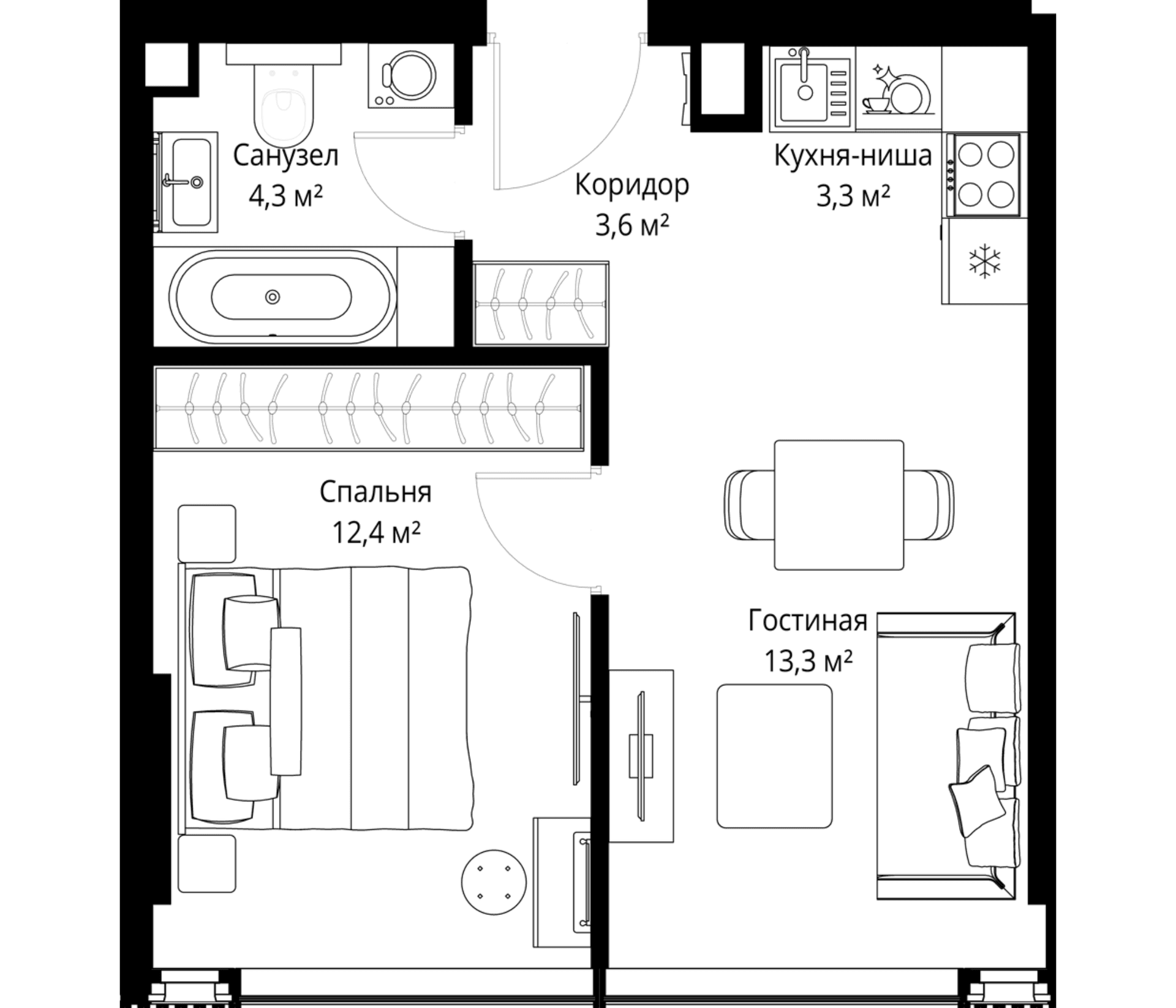 Планировка: Евродвушка 36,9 м² в ЖК «Слава»