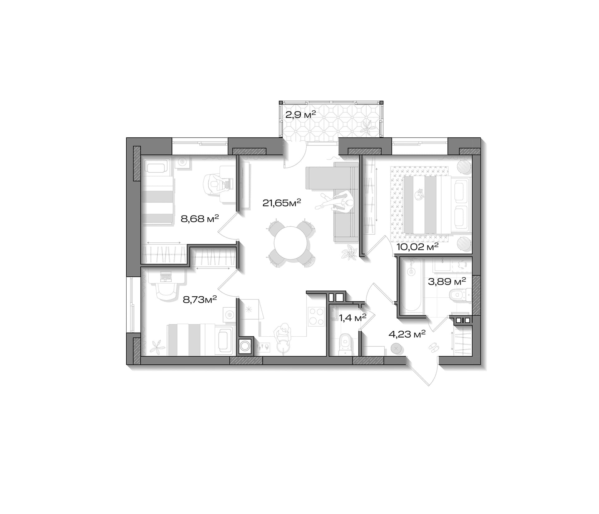 Планировка: 3-комнатная квартира 58,6 м² в ЖК «Аксиома.Возрождение»