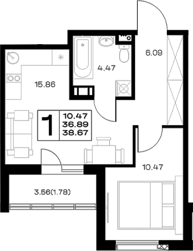 Планировка: Евродвушка 36,9 м² в ЖК «Борский»