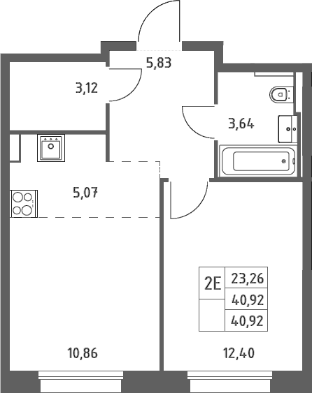 Планировка: Евродвушка 40,9 м² в ЖК «Заречье Парк»