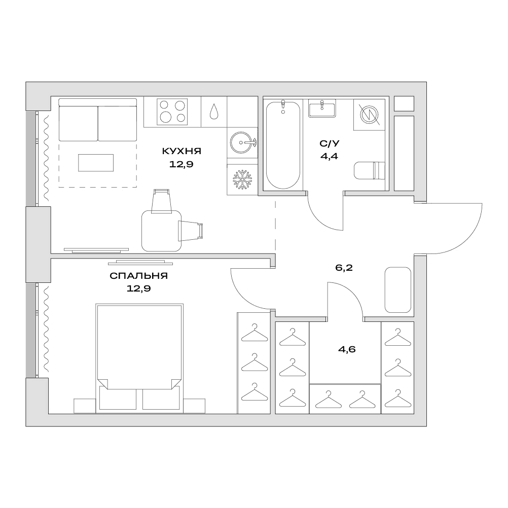 Планировка: 1-комнатная квартира 41 м² в ЖК «Детали»