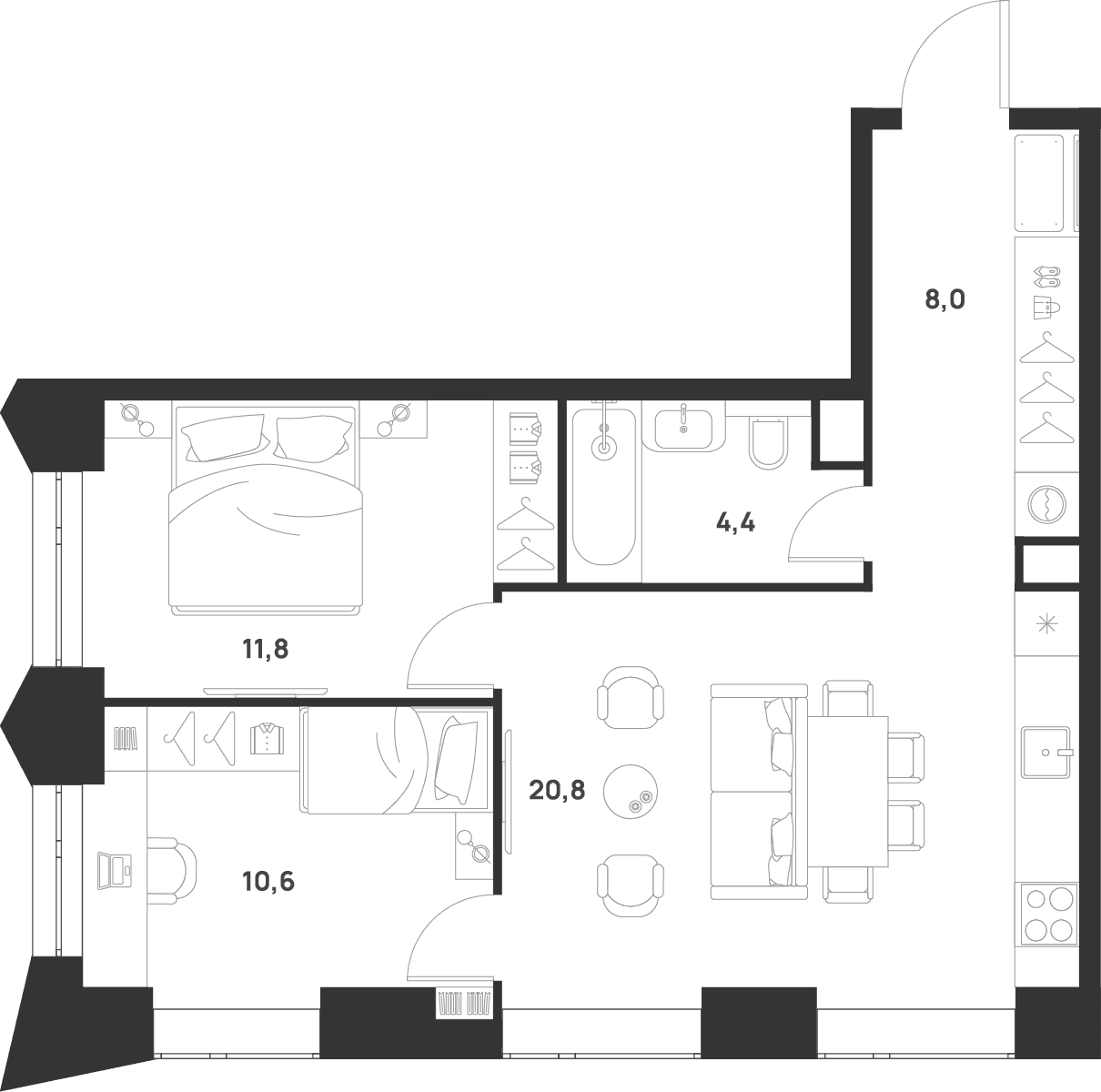 Планировка: 2-комнатная квартира 55,6 м² в ЖК «ВОЙС»