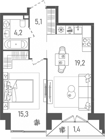 Планировка: Евродвушка 43,8 м² в ЖК «ТАТУМ»