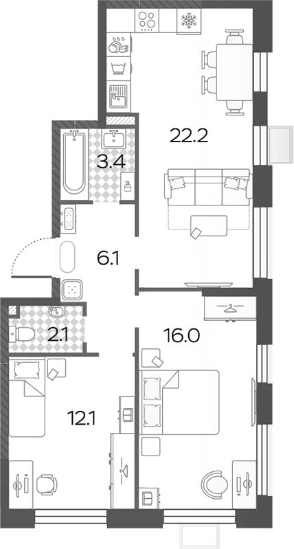 Планировка: Евротрёшка 61,9 м² в ЖК «Лучи»