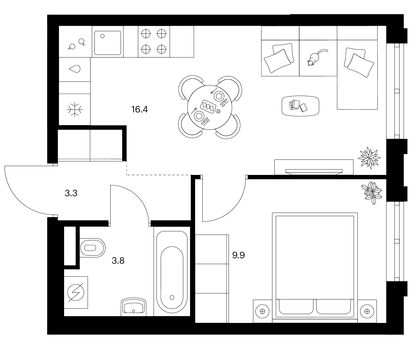 Планировка: 1-комнатная квартира 33,4 м² в ЖК «Москворечье»