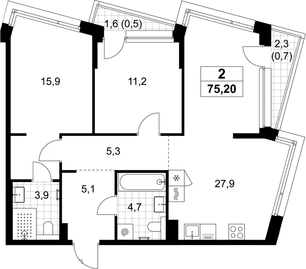 Планировка: Евротрёшка 74 м² в ЖК «Хольм»
