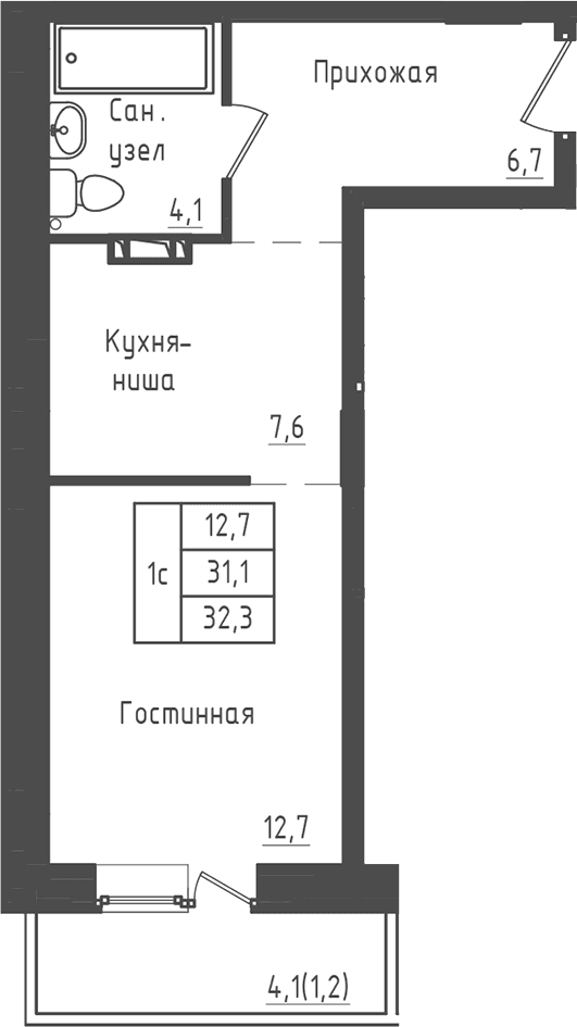 Планировка: Студия 31,1 м² в ЖК «Зеленый город»
