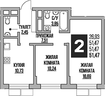 Планировка: 2-комнатная квартира 51,5 м² в ЖК «Гранель Живописный»