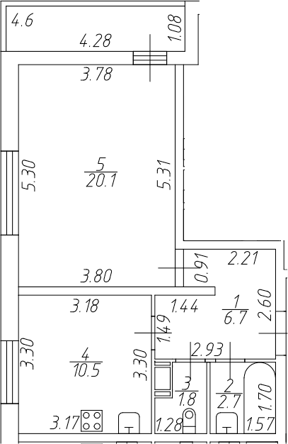 Планировка: 1-комнатная квартира 41,8 м² в ЖК «Тандем»