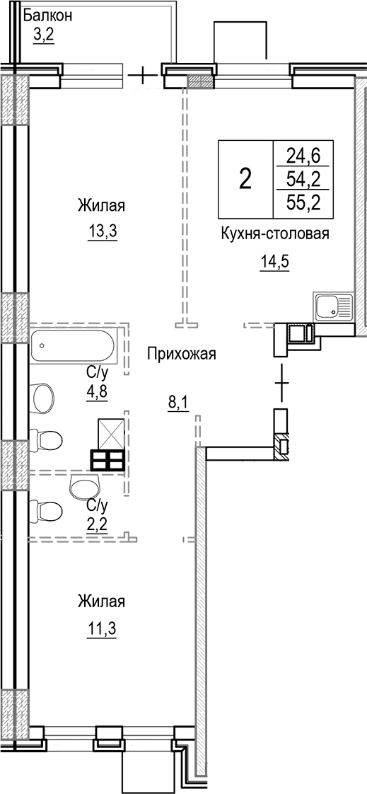 Планировка: Евротрёшка 54,2 м² в ЖК «Лесная Отрада»