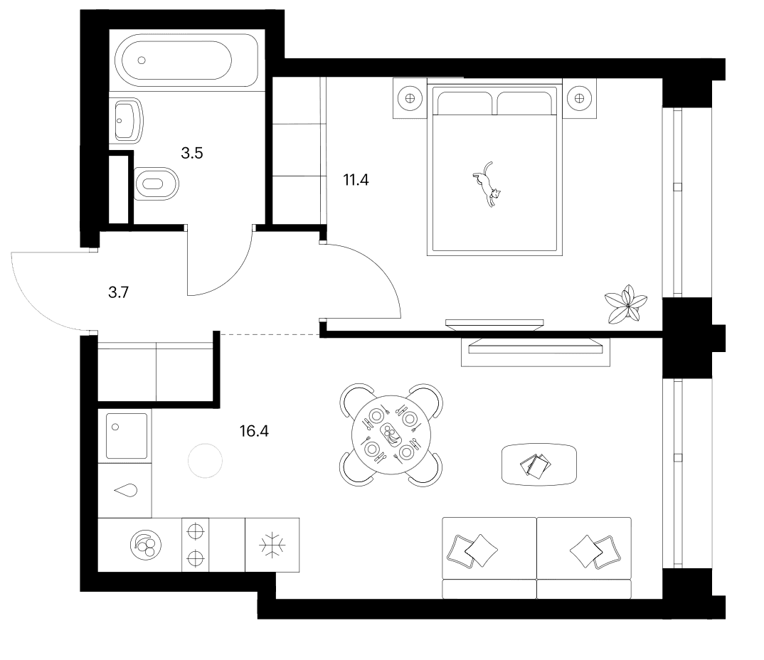 Планировка: 1-комнатная квартира 35 м² в ЖК «Строгино 360»
