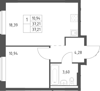 Планировка: Евродвушка 37,2 м² в ЖК «Большое Юрлово»
