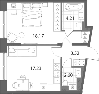 Планировка: Евродвушка 45,7 м² в ЖК «Нева Арт»