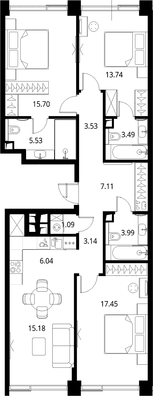 Планировка: Квартира евро-4 96 м² в ЖК «Сити Бэй»