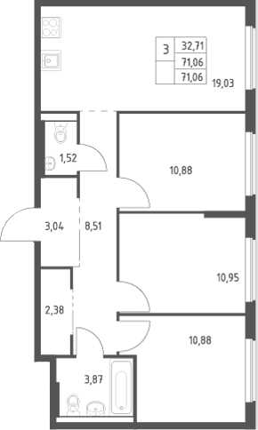 Планировка: Квартира евро-4 71,1 м² в ЖК «Большое Юрлово»