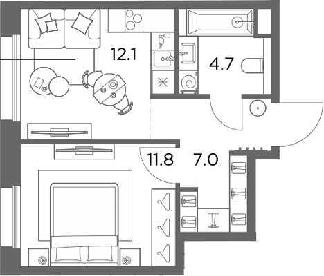 Планировка: 1-комнатная квартира 35,6 м² в ЖК «Станиславский»