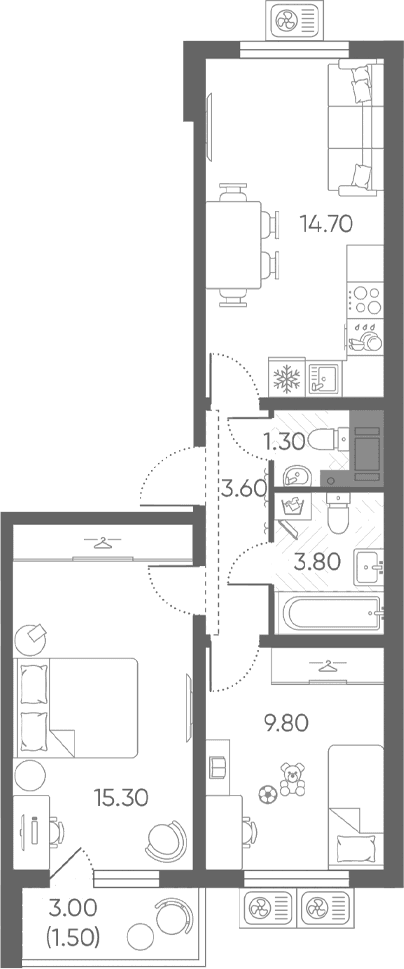 Планировка: Евротрёшка 48,5 м² в ЖК «Ручьи 2»