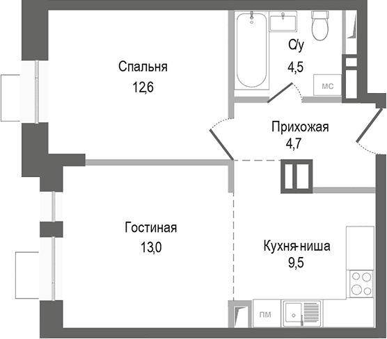 Планировка: Евродвушка 44,3 м² в ЖК «Киноквартал»