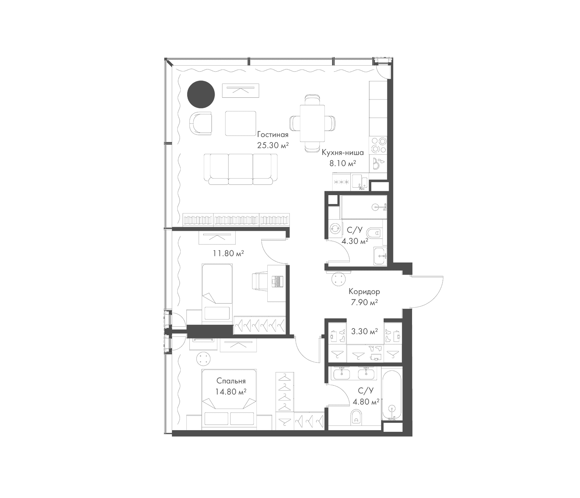 Планировка: Евротрёшка 80,3 м² в ЖК «Слава»