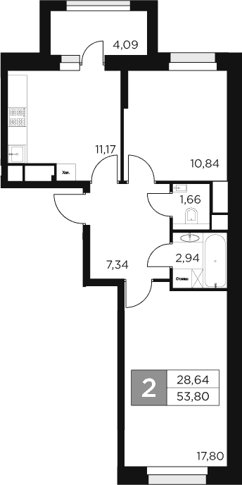 Планировка: 2-комнатная квартира 51,8 м² в ЖК «Восток 2»
