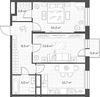 Планировка: 2-комнатная квартира 57,1 м² в ЖК «Аристов Берег»