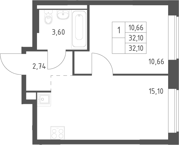 Планировка: Евродвушка 32,1 м² в ЖК «Большое Юрлово»