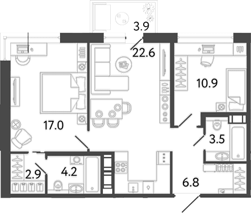 Планировка: Евротрёшка 67,9 м² в ЖК «Передвижники 2»