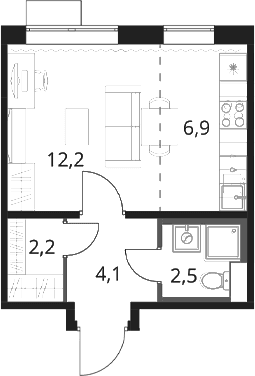 Планировка: Студия 27,9 м² в ЖК «1-й Шереметьевский»