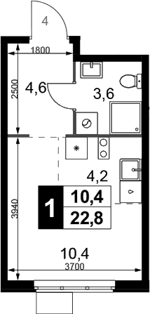 Планировка: Студия 22,8 м² в ЖК «1-й Химкинский»