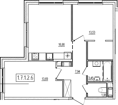 Планировка: Евротрёшка 57,3 м² в ЖК «Новый Ямбург»