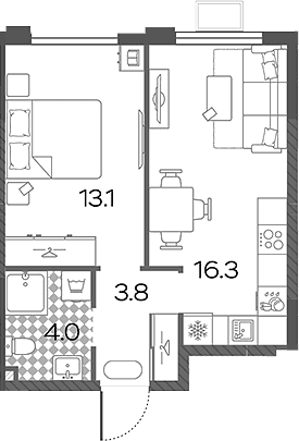 Планировка: Евродвушка 37,2 м² в ЖК «Лучи»