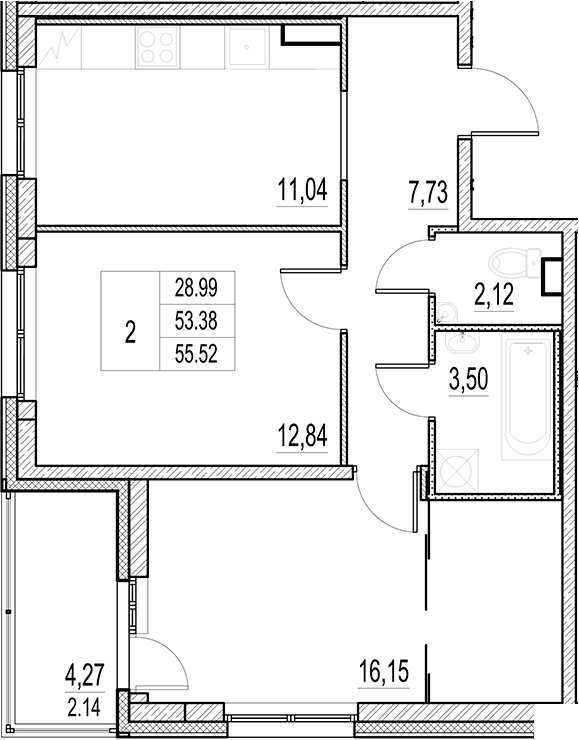 Планировка: 2-комнатная квартира 53,4 м² в ЖК «Город-спутник Южный»