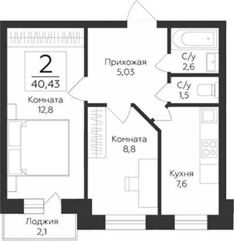 Планировка: 2-комнатная квартира 38,3 м² в ЖК «Гардарика Клаб»