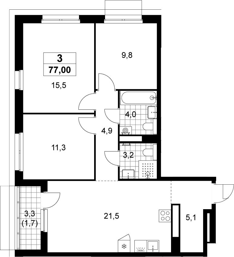 Планировка: Квартира евро-4 75,3 м² в ЖК «Деснаречье»