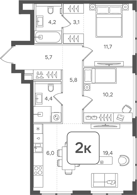 Планировка: Евротрёшка 70,5 м² в ЖК «НАЗАРЕ»