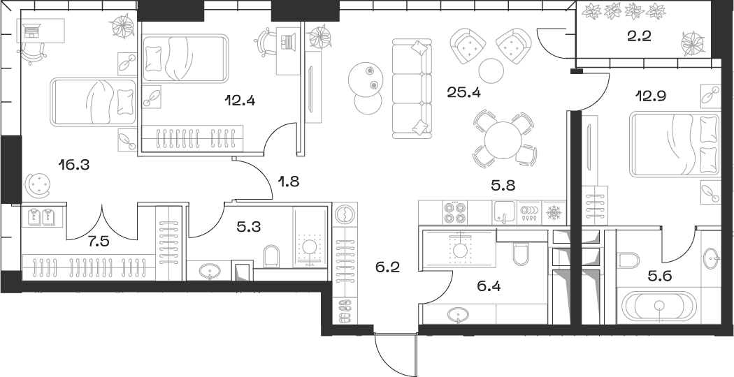 Планировка: Квартира евро-4 105,6 м² в ЖК «SHIFT»
